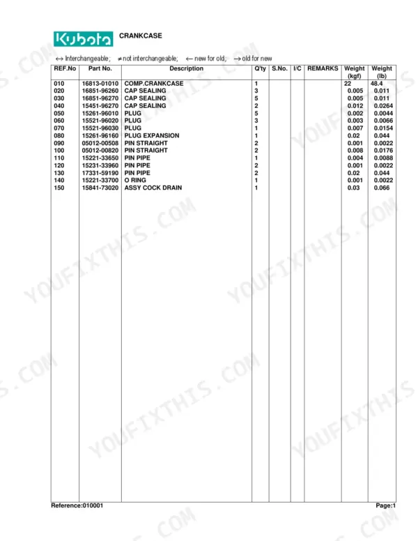 Kubota B7400HSD crankcase parts list with reference numbers, part numbers, descriptions, quantities, and weights