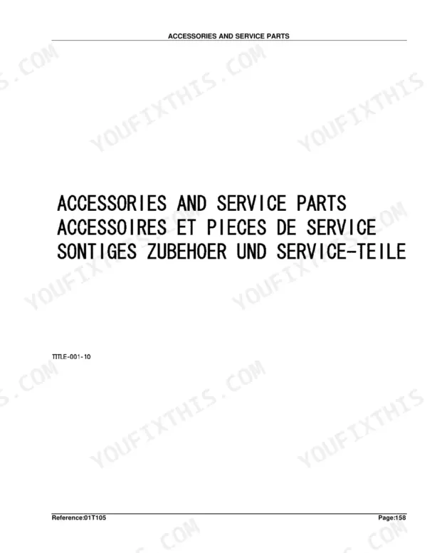 Kubota B7410D service manual page 158, section header for Accessories and Service Parts in English, French, and German.