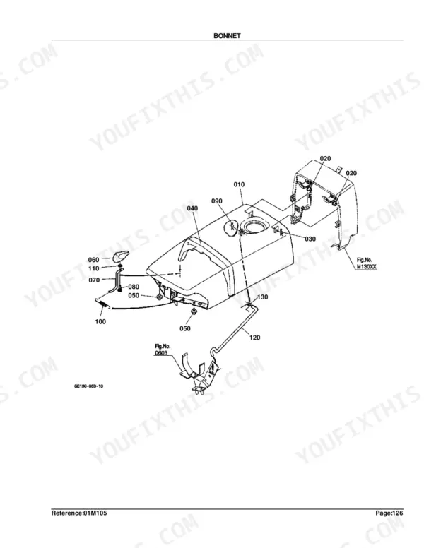 Kubota B7410D exploded view diagram of the bonnet assembly, including hood, latch, and mounting hardware components.