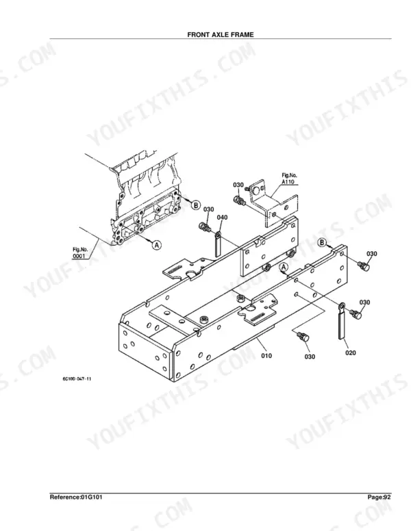 Kubota B7410D exploded view diagram of the front axle frame assembly, showing mounting bolts, brackets, and frame components.
