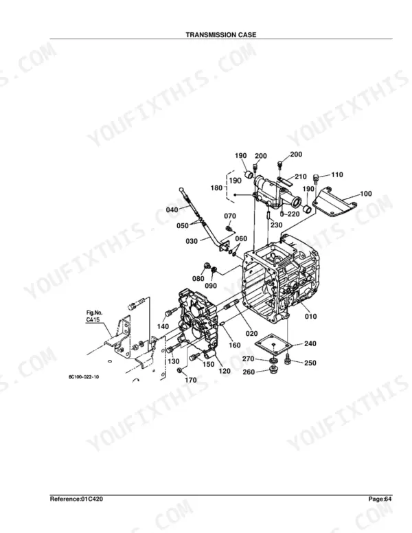 Kubota B7410D exploded view diagram of the transmission case assembly with numbered component parts list.