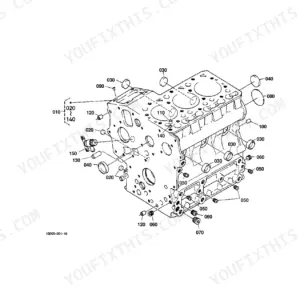 Kubota B7410D crankcase exploded view diagram showing engine block, drain cock, plugs, and internal components.