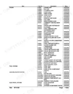 Kubota B7410D parts list table showing engine, fuel, cooling, and electrical system components with part numbers.