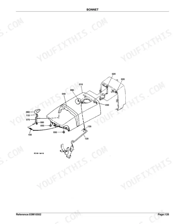 Kubota B7500D exploded view diagram of the bonnet assembly, including hood, latch, and mounting hardware components.