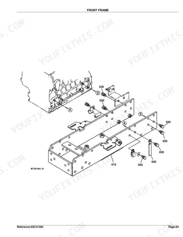 Kubota B7500D exploded view diagram of the front frame assembly and mounting hardware components.
