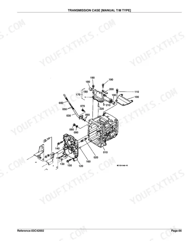 Kubota B7500D exploded view diagram of the manual transmission case and gear shift linkage components.