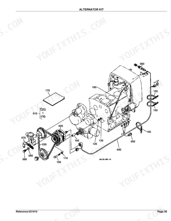 Kubota B7500D exploded view diagram of the alternator kit, showing mounting hardware, drive belt, and wiring harness.