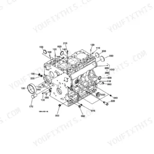 Kubota B7500D crankcase exploded view diagram showing engine block components, plugs, and pins with reference numbers.
