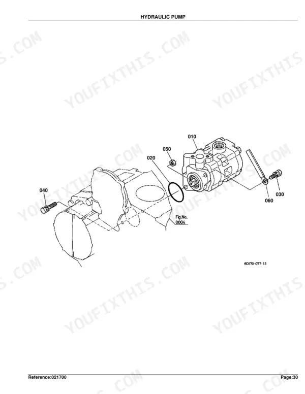 Kubota B7500D hydraulic pump exploded view diagram showing pump assembly, O-ring, bolts, and mounting hardware.