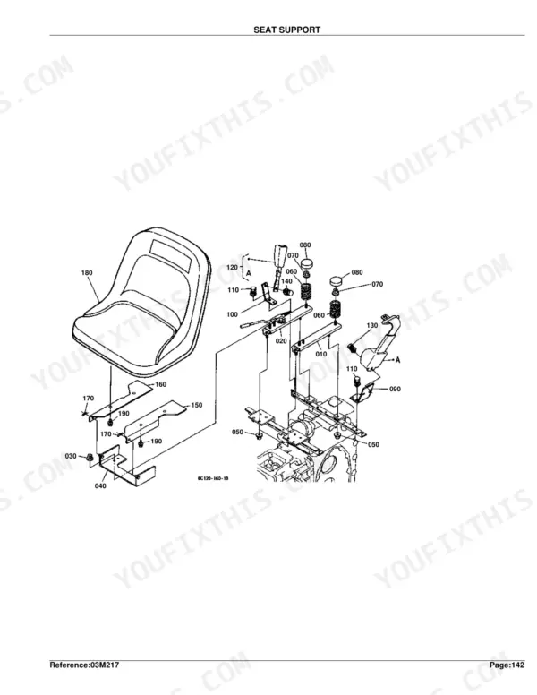 Kubota B7500HSD exploded view diagram of the seat support assembly, including seat, springs, and mounting brackets.