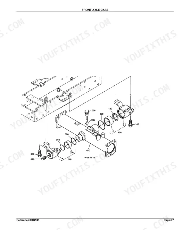 Kubota B7500HSD exploded view diagram of the front axle case assembly with numbered components.