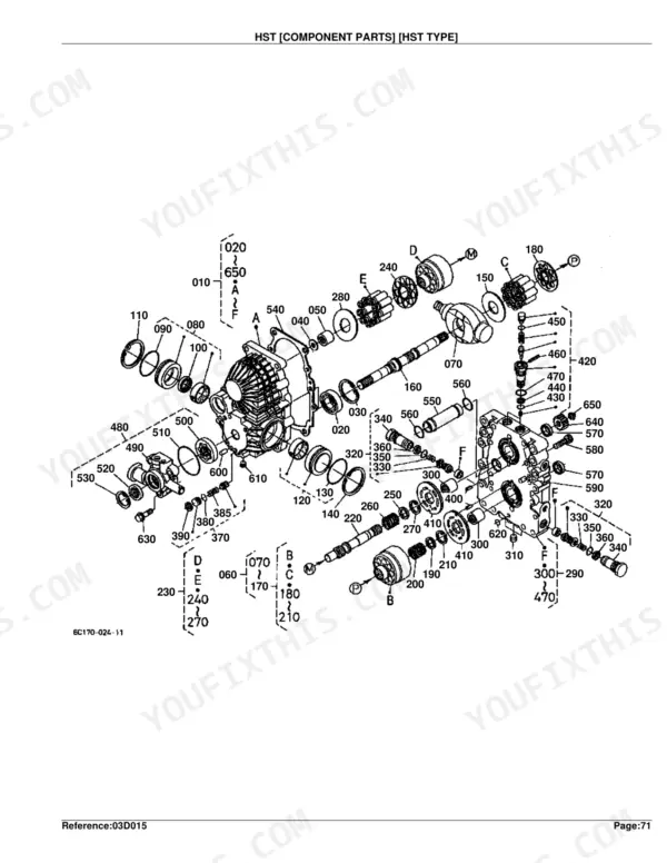 Kubota B7500HSD exploded view diagram of HST transmission component parts including shafts, gears, and valve assemblies.
