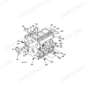 Kubota B7500HSD crankcase exploded view diagram showing engine block components, plugs, and pins with reference numbers.