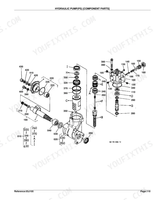 Kubota B7500HSD exploded view diagram of hydraulic pump component parts with numbered reference labels.