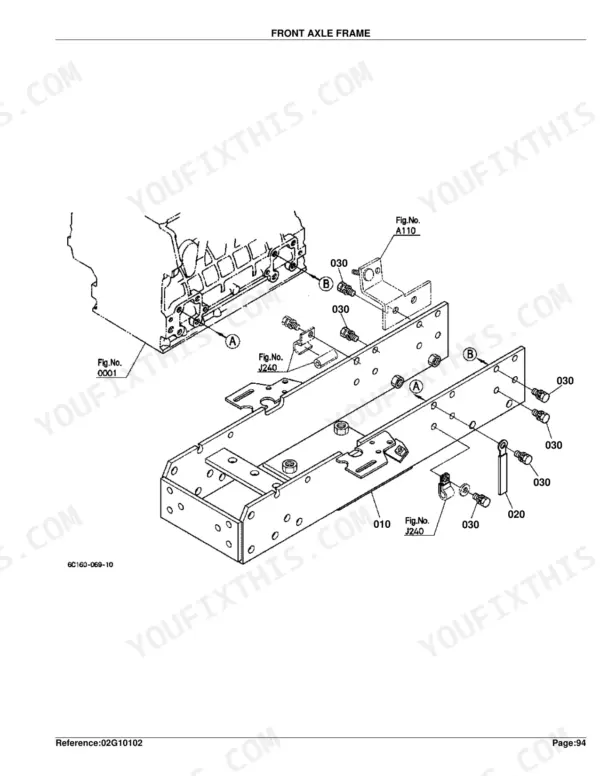 Kubota B7510HSD exploded view diagram of the front axle frame assembly, showing mounting brackets, bolts, and hardware.