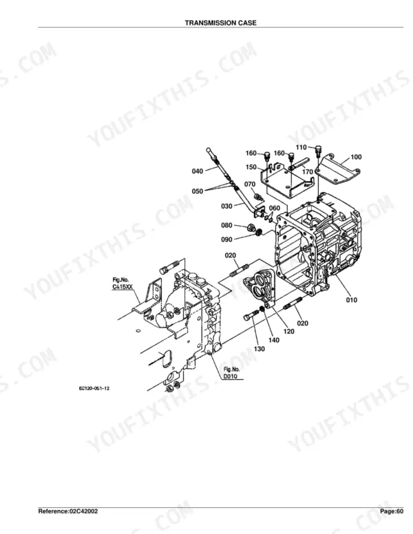Kubota B7510HSD transmission case exploded view diagram showing housing, mounting brackets, and hardware components.
