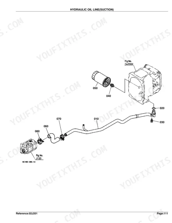Kubota B7510HSD exploded view of hydraulic oil suction line, filter, and pump connection components.