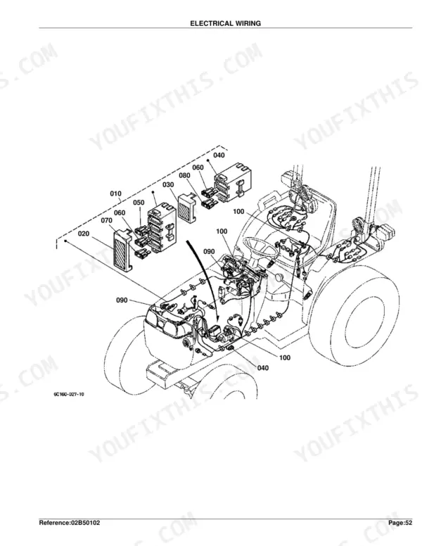 Kubota B7510HSD electrical wiring diagram showing fuse box, relay, and harness component locations on the tractor chassis.