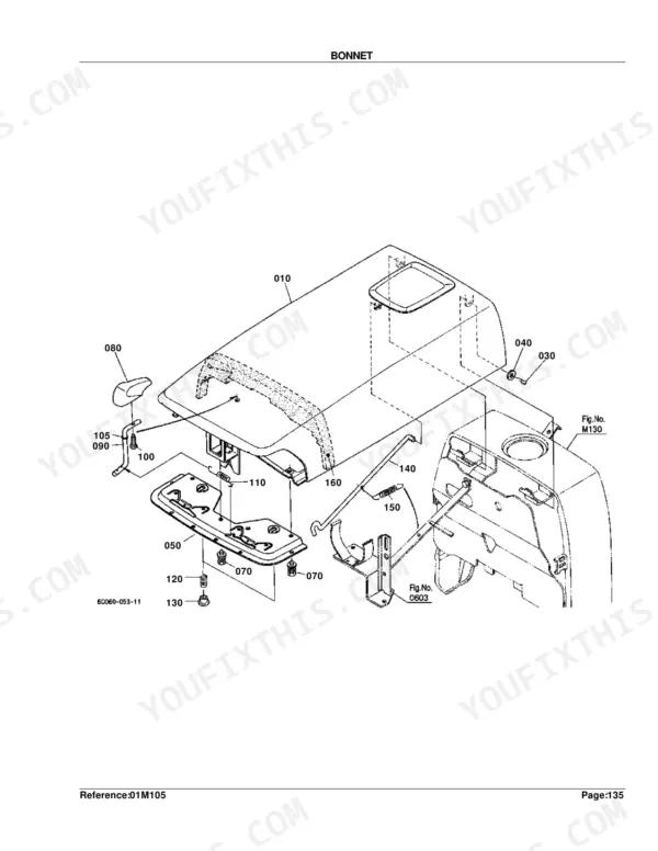 Kubota B7800HSD exploded view diagram of the bonnet assembly, including hood, latch, springs, and mounting hardware.