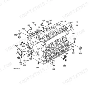 Kubota B7800HSD engine crankcase exploded view diagram showing block, plugs, pins, and mounting hardware components.