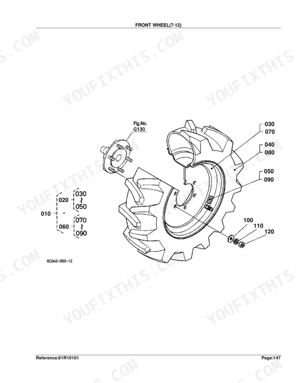 Kubota B7800HSD exploded view diagram of front wheel assembly, hub, tire, and mounting hardware components.