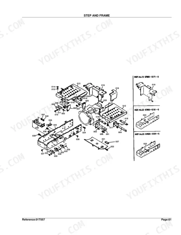 Kubota B8200DP exploded view diagram of step and frame assembly with numbered component reference parts.
