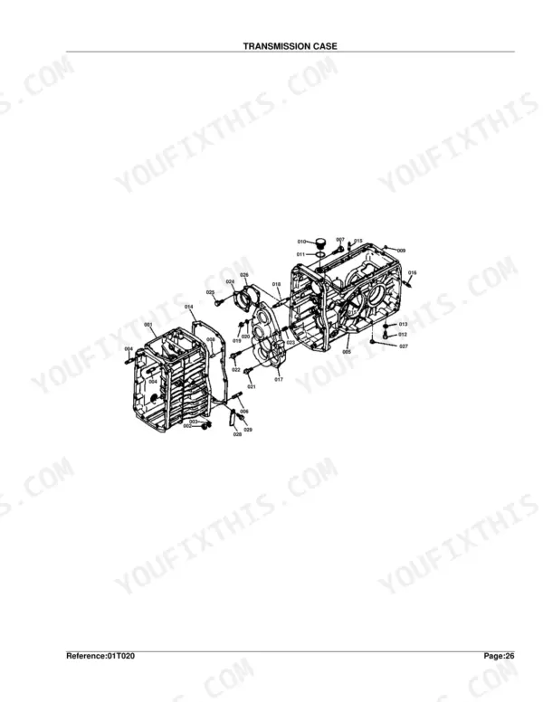 Kubota B8200DP exploded view diagram of the transmission case assembly with numbered components.