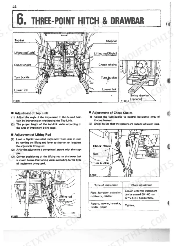 Kubota B8200E (2WD), B8200D (4WD) three-point hitch and drawbar adjustment procedures, diagrams, and chain settings.