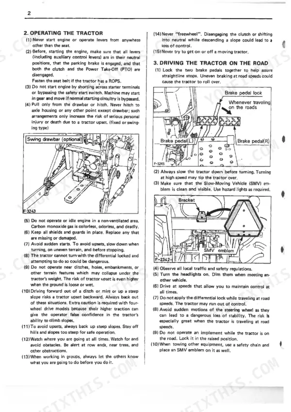 Kubota B8200E (2WD), B8200D (4WD) operating instructions, swing drawbar, brake pedal lock, and SMV emblem diagrams.