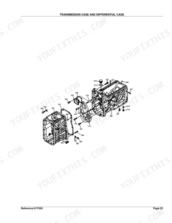 Kubota B8200HST-DP exploded view diagram of the transmission case and differential case assembly components.