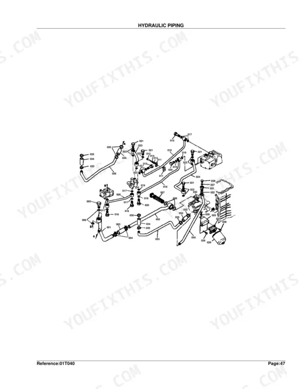 Kubota B8200HST-DP exploded view diagram of hydraulic piping system components with numbered reference parts list.
