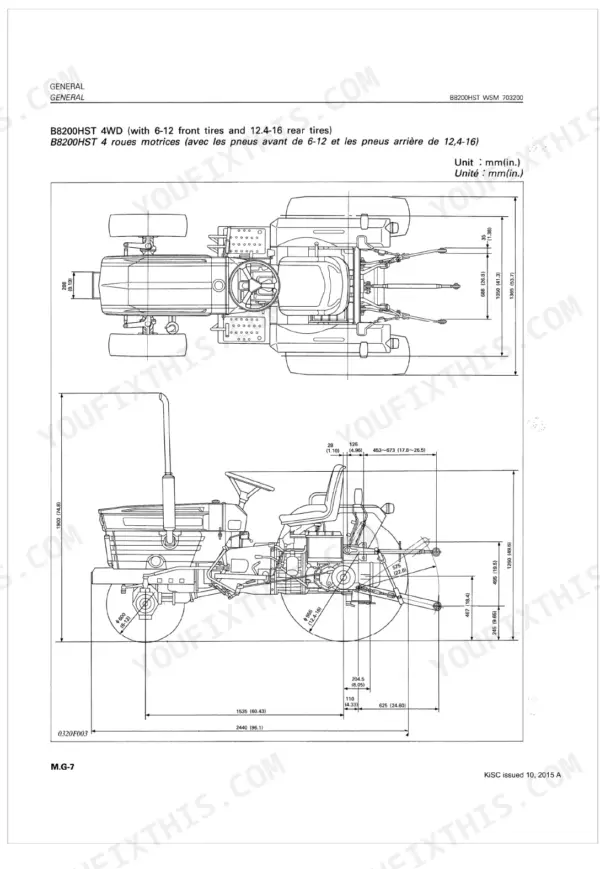 Kubota B8200HST 4WD tractor dimensional diagram showing side and top views with tire specifications.