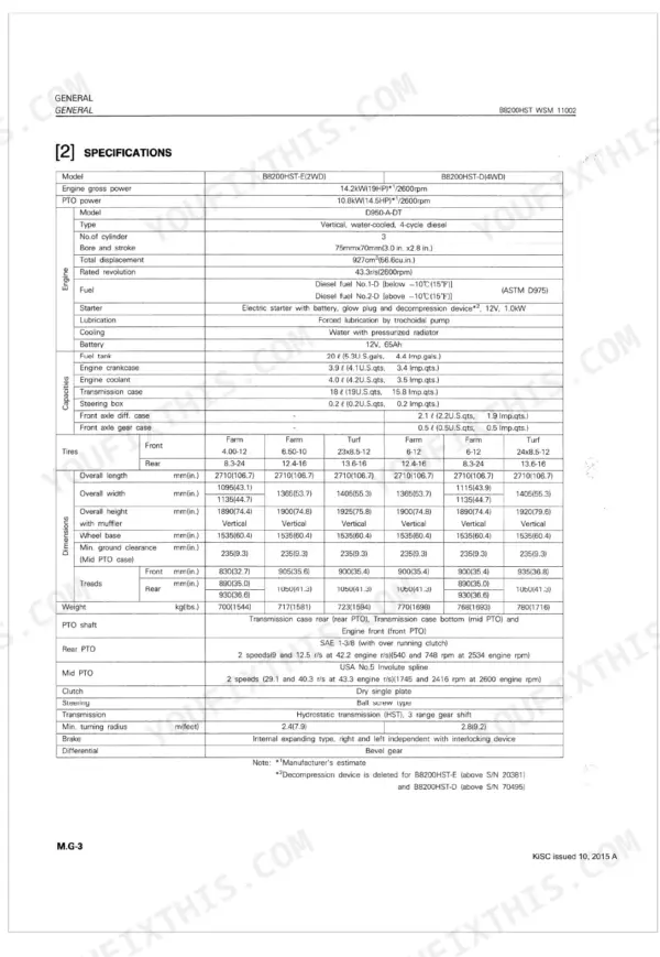 Kubota B8200HST workshop manual specifications table for engine, capacities, tires, dimensions, and PTO systems.