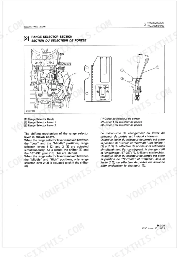 Kubota B8200HST transmission range selector lever mechanism diagram, guide, and shifting operation description.