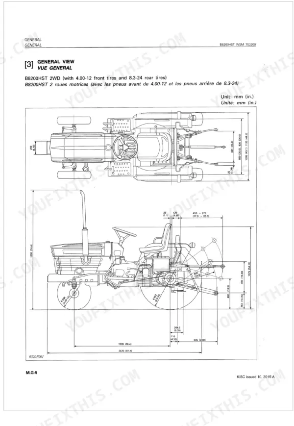Kubota B8200HST 2WD general view diagram showing tractor dimensions, tire sizes, and hitch linkage measurements.
