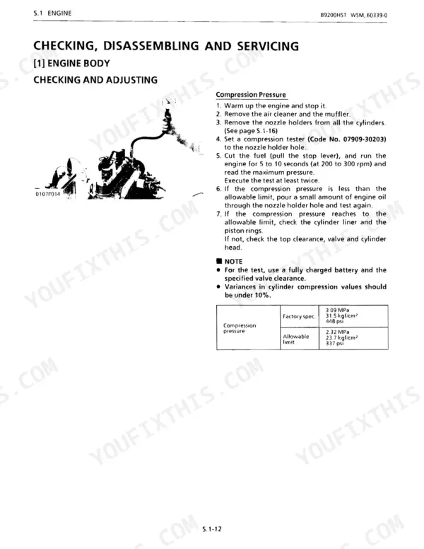 Kubota B9200HST-E(2WD), B9200HST-D(4WD), B9200DC-E(2WD), B9200DC-D(4WD) engine compression pressure test and specification table