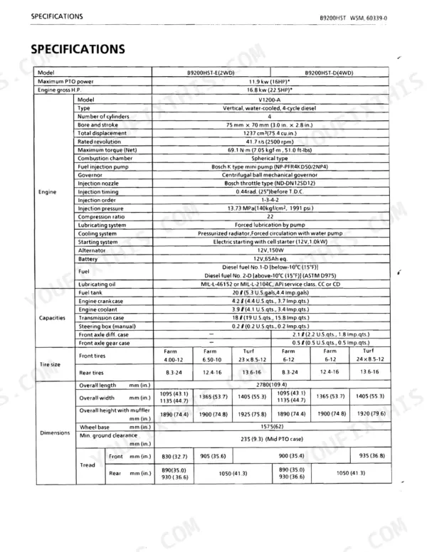 Kubota B9200HST-E(2WD), B9200HST-D(4WD), B9200DC-E(2WD), B9200DC-D(4WD) technical specifications table for engine, capacities, and dimensions.