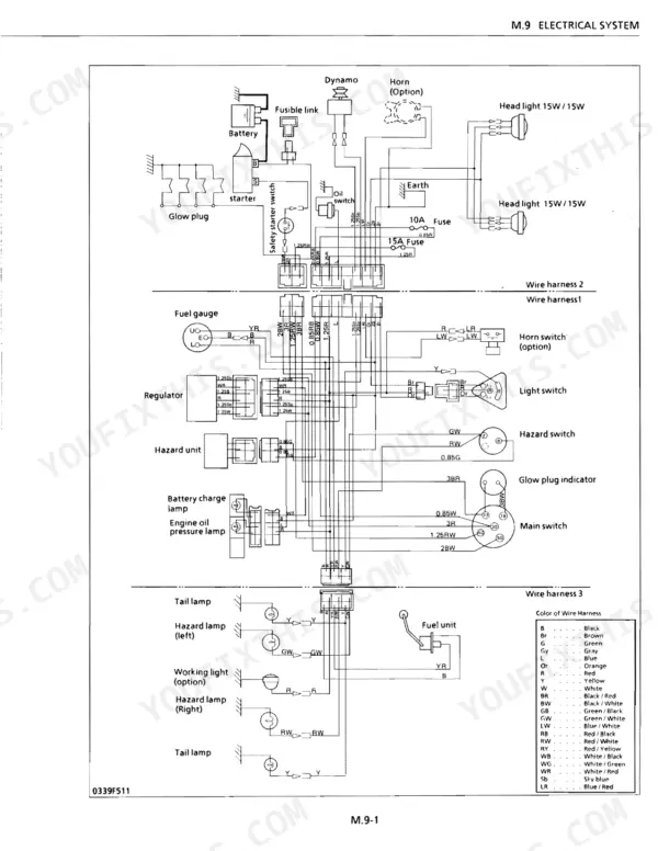 Kubota B9200HST-E(2WD), B9200HST-D(4WD), B9200DC-E(2WD), B9200DC-D(4WD) electrical system wiring diagram with wire color key.