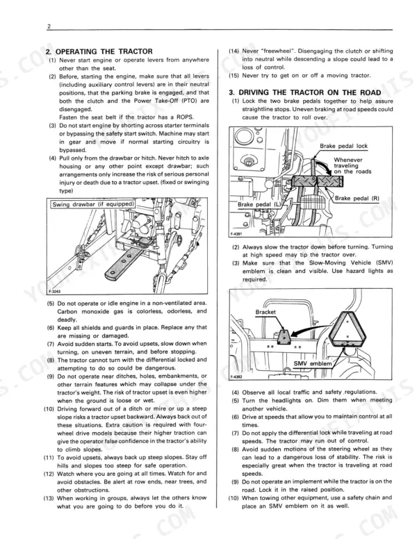 Kubota B9200HST-E (2WD), B9200HST-D (4WD) operator manual page showing tractor safety, drawbar, brake lock, and SMV emblem diagrams.