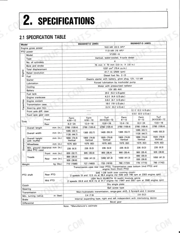 Kubota B9200HST-E (2WD), B9200HST-D (4WD) specification table listing engine, capacity, dimension, and PTO data.