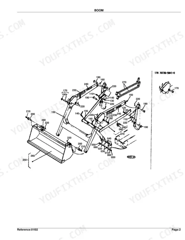Kubota BF300-A boom exploded view diagram with numbered parts and assembly components