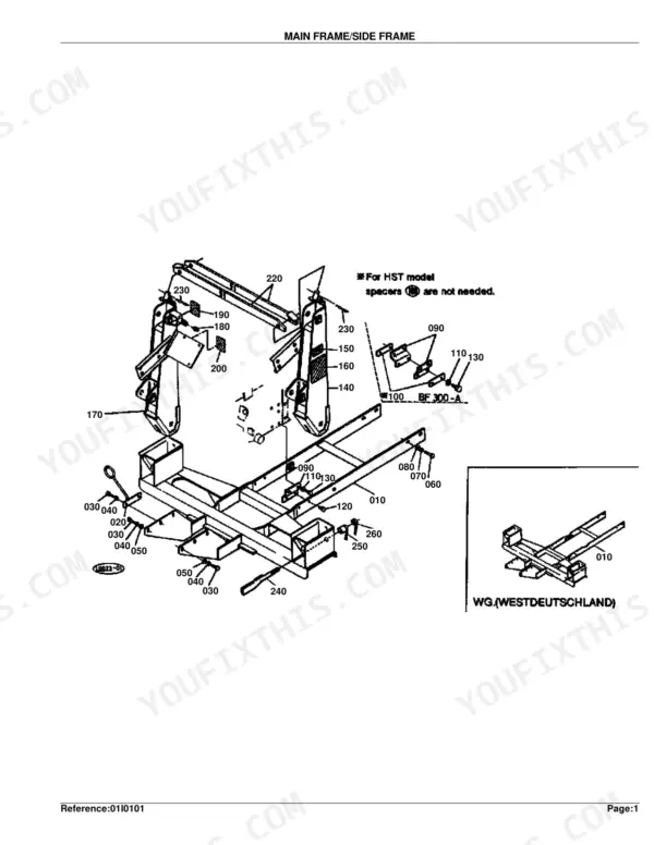 Kubota BF300-A main frame and side frame exploded view diagram with numbered component parts and HST model specifications