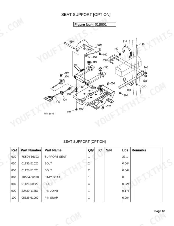Kubota BH65 exploded view and parts list for the optional seat support assembly, including bolts, pins, and brackets.