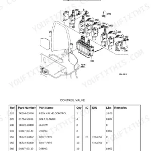 Kubota BH65 control valve exploded view diagram and parts list including valve assembly, pipe joints, and O-rings.
