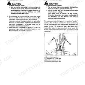 Kubota BH70 operating instructions page showing backhoe controls, joystick lever diagram, and safety caution notes.