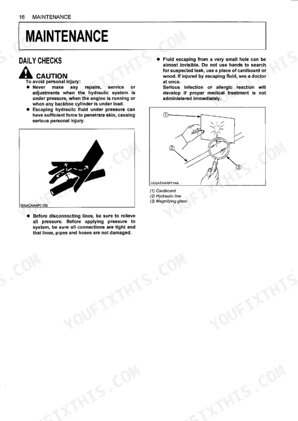 Kubota BH70 maintenance manual page showing hydraulic fluid leak safety precautions and inspection procedures.