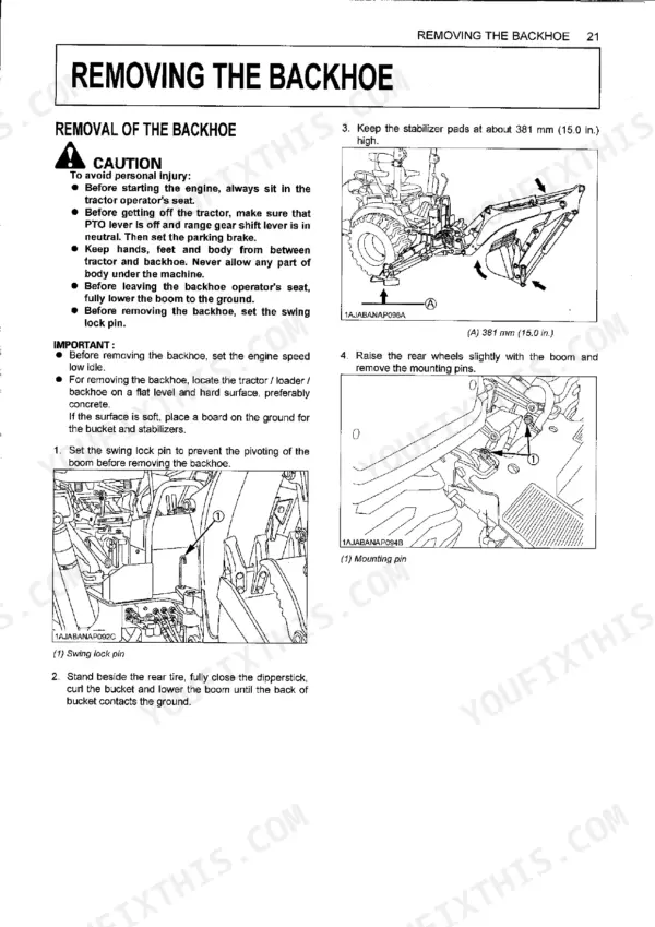 Kubota BH70 service manual page showing step-by-step procedures for removing the backhoe, including swing lock and mounting pin diagrams.