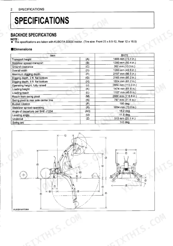 Kubota BH70 backhoe specifications table and dimension diagram showing digging depth, height, and reach measurements.