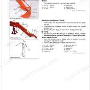 Kubota BH70 backhoe disassembly procedure for bucket, dipperstick, and bucket cylinder with component diagrams.