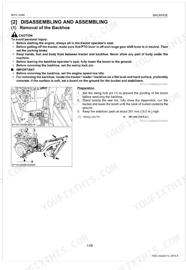 Kubota BH70 service manual page showing procedures for backhoe removal, including swing lock pin and boom positioning.